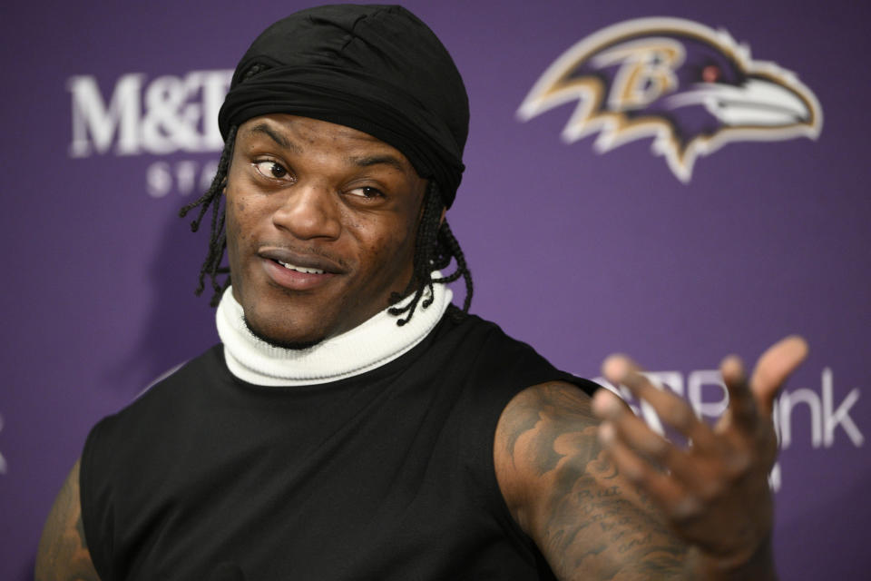 Baltimore Ravens quarterback Lamar Jackson speaks during a news conference after an NFL football AFC divisional playoff game between the Baltimore Ravens and the Houston Texans, Saturday, Jan. 20, 2024, in Baltimore. The Baltimore Ravens won 34-10. (AP Photo/Nick Wass)