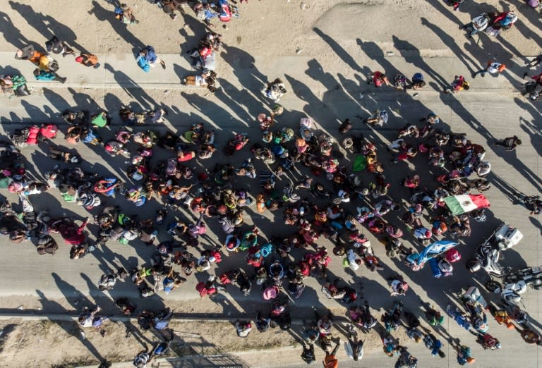 An aerial view of a group of Central American migrants who hope to enter the United States