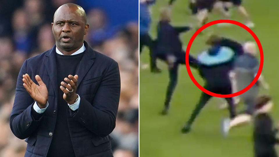 Patrick Vieira could be seen kicking out at the Everton fan who got up in his face and taunted the Crystal Palace manager. Pic: Getty/Sky Sports