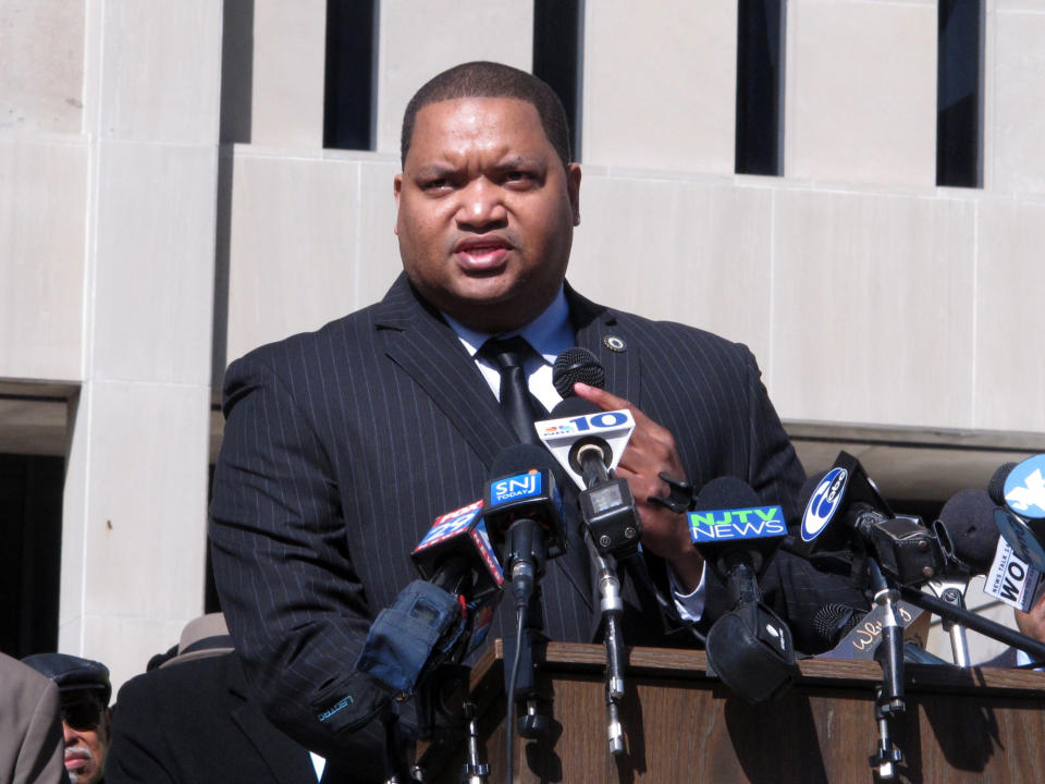 FILE - In this Feb. 22, 2016 file photo, Atlantic City, N.J., City Council President Marty Small speaks at a news conference in his city against a proposed state takeover of its finances. Atlantic City will get a new mayor on Friday, Oct. 4, 2019, in the wake of yet another corruption scandal. City Council President Small, a Democrat, will be sworn in as mayor at noon. (AP Photo/Wayne Parry, File)