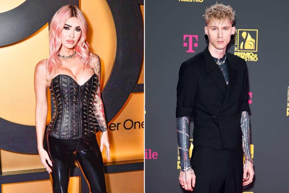 <p>Jerod Harris/Getty Images for Uber; Romain Maurice/Getty</p> Megan Fox and Machine Gun Kelly in February