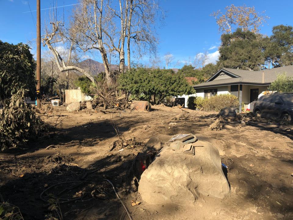 Damage from a massive post-fire debris flow on Jan. 9, 2018, destroyed and damaged hundreds of homes in Montecito, California.