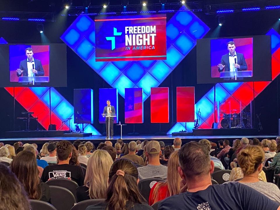 Charlie Kirk of Turning Point USA speaks at Freedom Night In America at Dream City Church in Phoenix on April 5, 2022. The church has hosted these monthly events, blending religion and politics since May 2021.