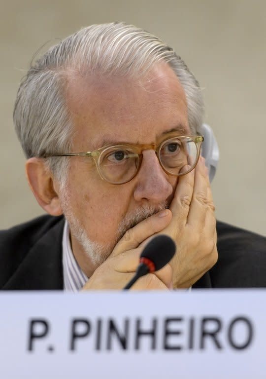 Paulo Sergio Pinheiro -- the head of the United Nations Independent Commission of Inquiry on Syria -- at the UN Human Rights Council in Geneva, on June 4, 2013