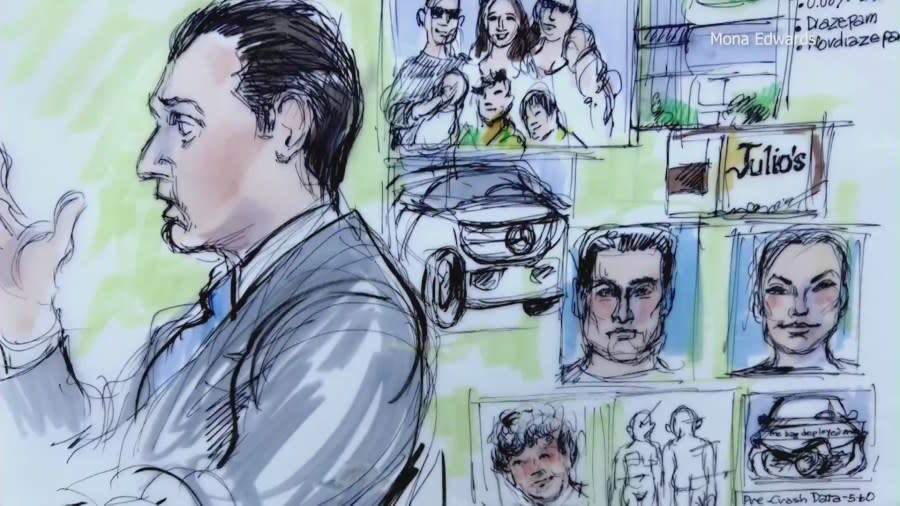 Courtroom sketch of prosecutors during the trial of Rebecca Grossman on Feb. 22, 2024. (KTLA)