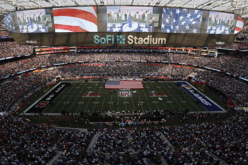 The scene inside SoFi Stadium as Mickey Guyton sings the National Anthem.