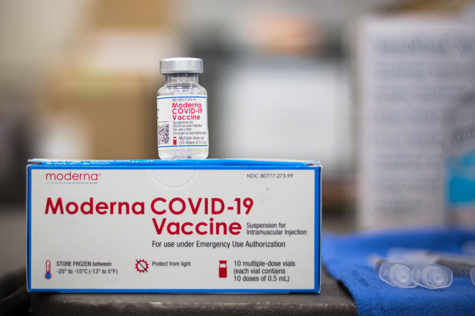 March 28, 2021: Vials of the Moderna COVID-19 vaccine await use during a mass COVID-19 vaccination event held by the University of Texas Medical Branch (UTMB Health) at Brazosport College in Lake Jackson, Texas. (Photo by Prentice C. James/CSM/Sipa USA)