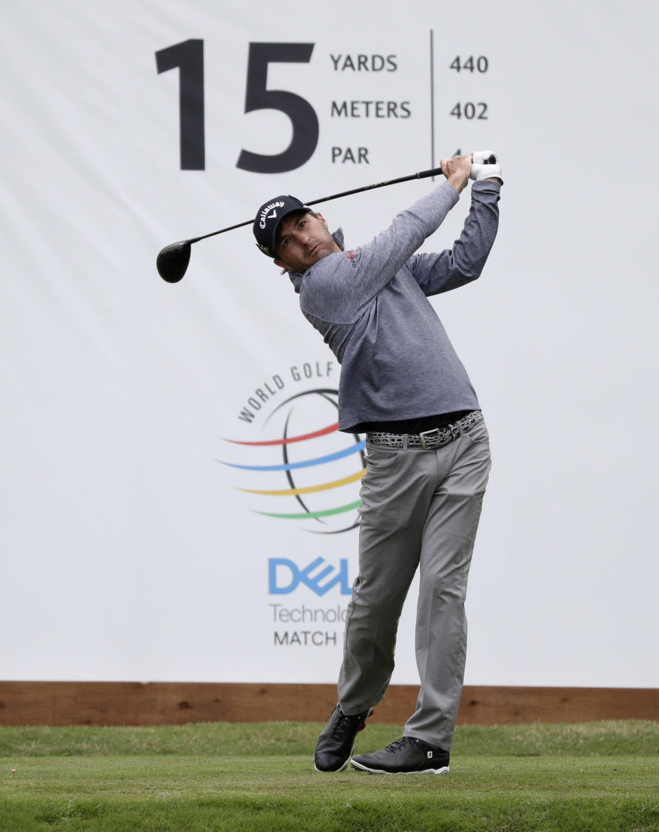 Kevin Kisner drives on the 15th hole during quarterfinal play at the Dell Technologies Match Play Championship golf tournament, Saturday, March 30, 2019, in Austin, Texas. Kisner defeated Louis Oosthuizen. (AP Photo/Eric Gay)