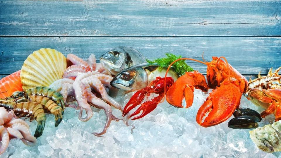 Fresh fish and seafood on crushed ice