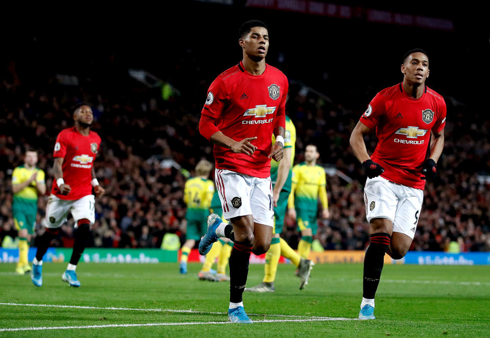 Manchester United's Marcus Rashford celebrates scoring his side's second goal of the game during the Premier League match at Old Trafford, Manchester. (Photo by Martin Rickett/PA Images via Getty Images)