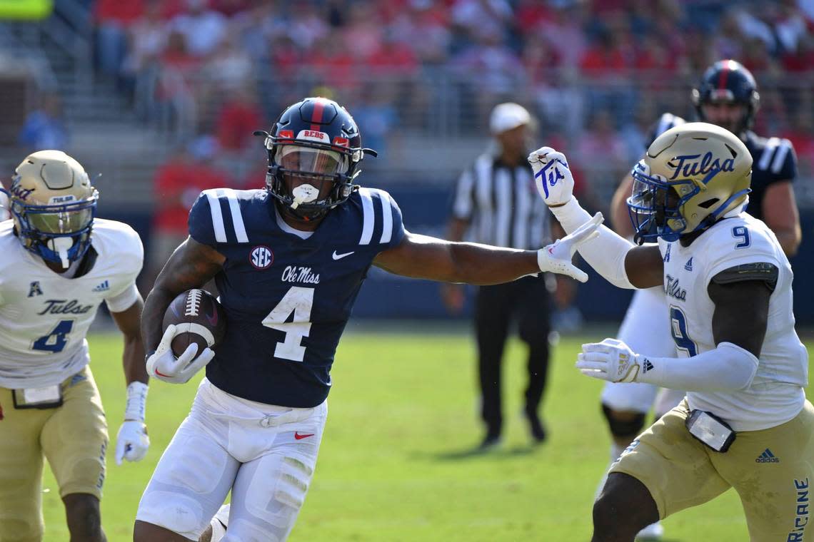 Mississippi true freshman running back Quinshon Judkins (4) has run for 429 yards and is averaging 6.3 yards a carry.