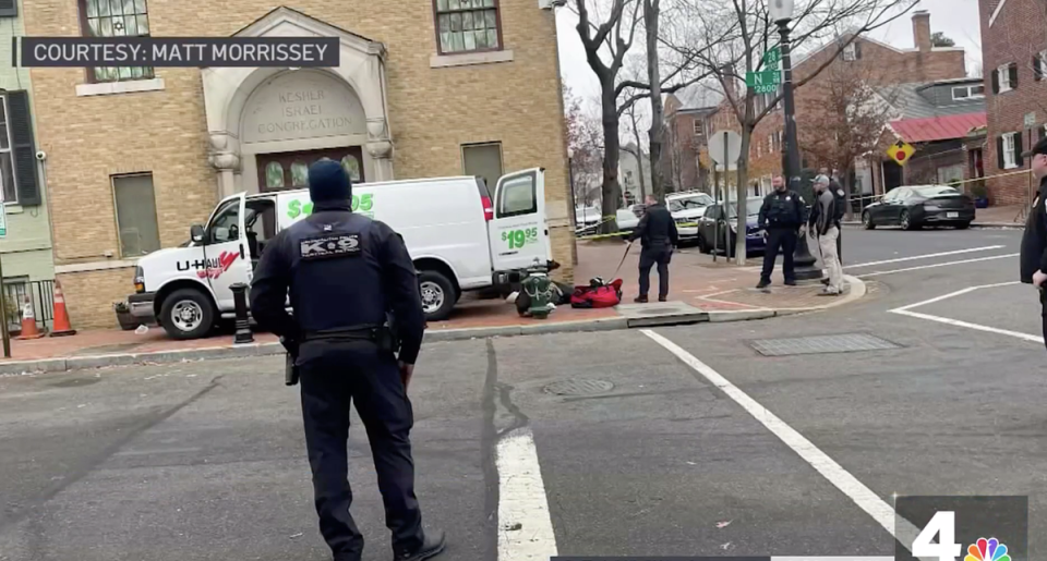 A man has been arrested following an antisemitic attack on two people outside a Washington DC synagogue (NBC Washington/Matt Morrissey)