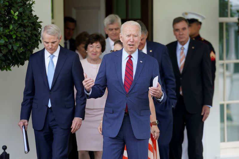 U.S. President Joe Biden speaks following a bipartisan meeting with U.S. senators about the proposed framework for the infrastructure bill