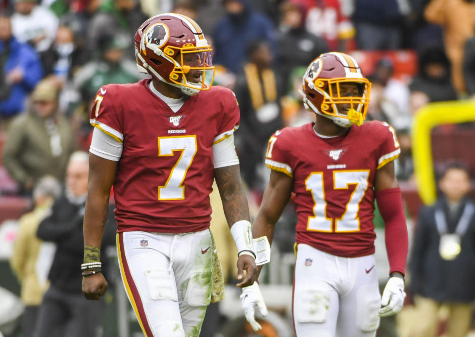 Washington wide receiver Terry McLaurin, right, was quarterback Dwayne Haskins' only reliable receiving target. (Photo by Jonathan Newton/The Washington Post via Getty Images)