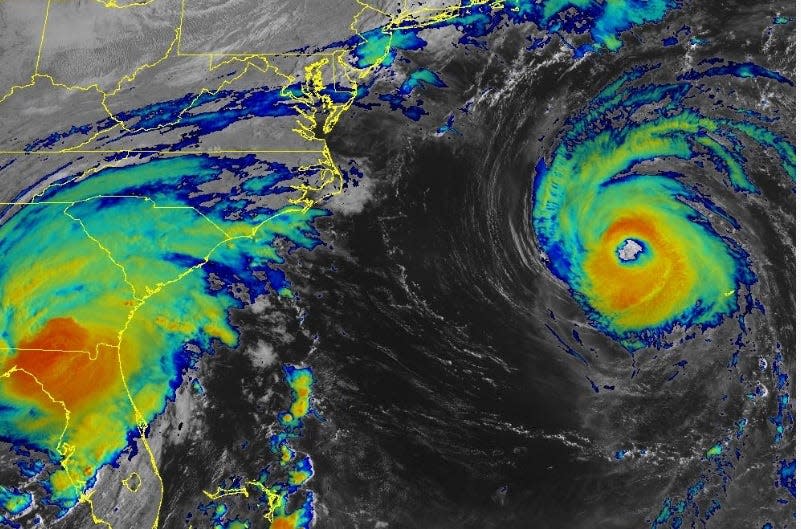 Hurricane Idalia and Hurricane Franklin visible at the same time via satellite 9:30 a.m. Aug. 30, 2023.