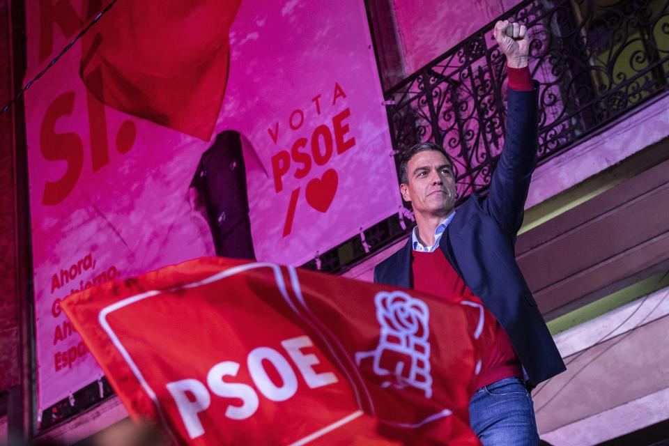 Spain's Prime Minister and Socialist Party leader Pedro Sanchez gestures to supporters outside the party headquarters following the general election in Madrid, Spain, Sunday, Nov.10, 2019. Spain's Interior Ministry says that early results show Socialists winning Spain's national election, but without a clear end to the country's political deadlock. (AP Photo/Bernat Armangue)