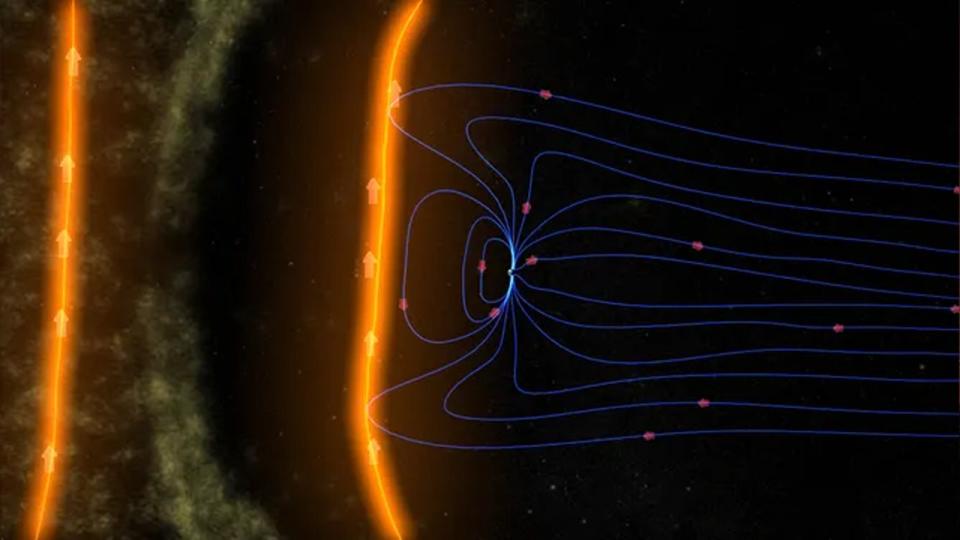<div>An illustration of Earth's magnetic field shielding our planet from solar particles (NASA/GSFC/SVS / NASA)</div>