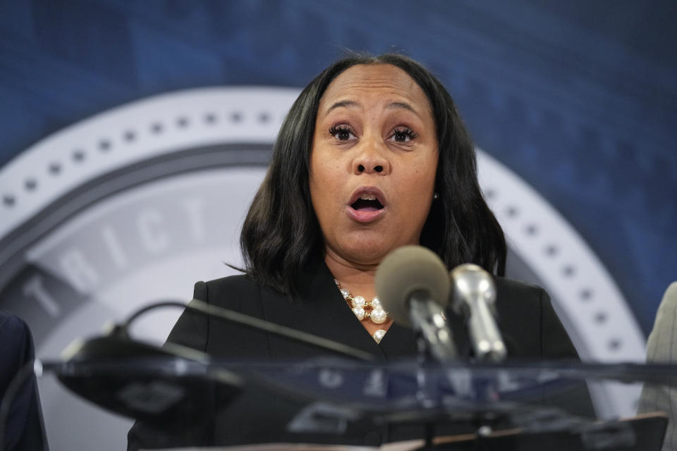 FILE - Fulton County District Attorney Fani Willis speaks in the Fulton County Government Center Aug. 14, 2023, in Atlanta. Willis said in a court filing Friday, Feb. 2, 2024, that she is involved in a "personal relationship" with a special prosecutor she hired for the Georgia election interference case against former President Donald Trump, but she argues there are no grounds to dismiss the case or to remove her from the prosecution. (AP Photo/John Bazemore, File)