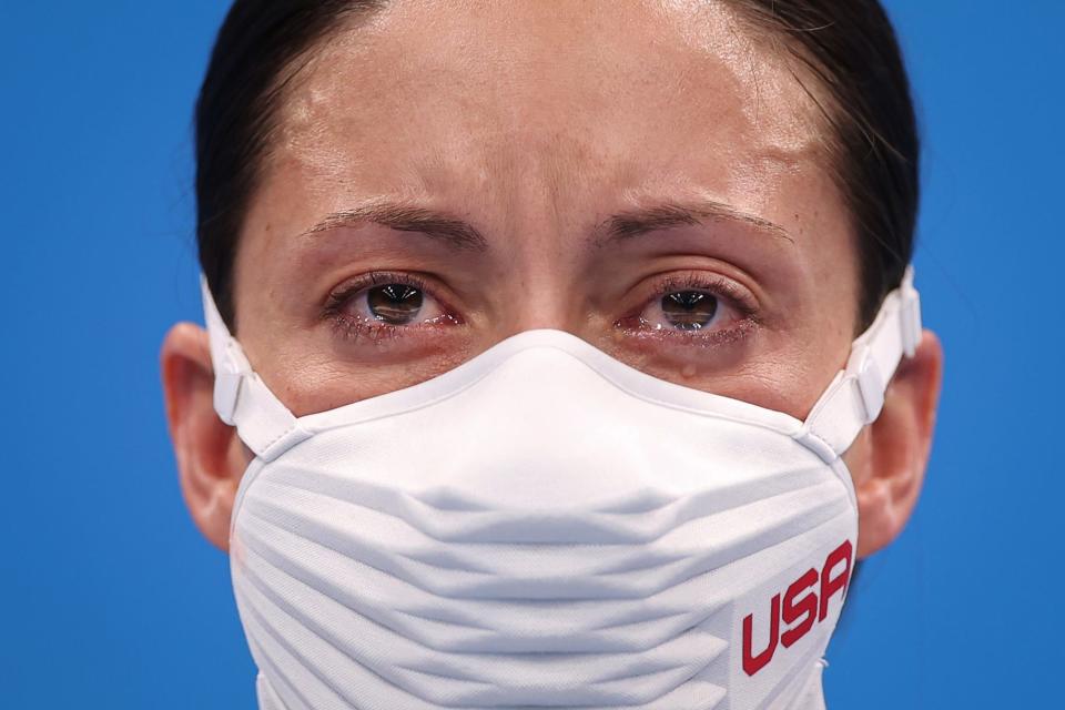 American Elizabeth Marks tears up after winning gold in the 100m Backstroke at the Tokyo Paralympics.