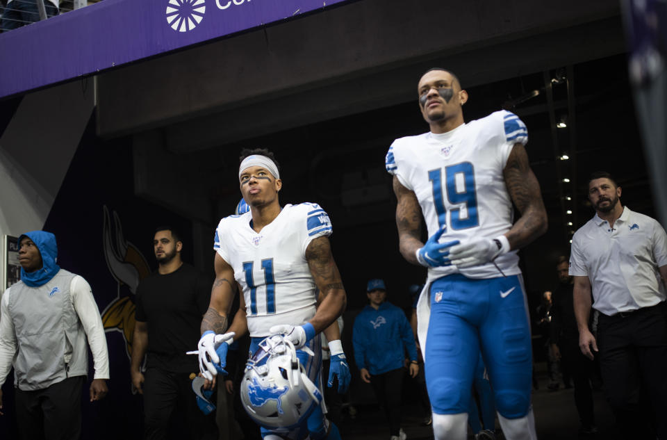 MINNEAPOLIS, MN - DECEMBER 08: Marvin Jones #11 of the Detroit Lions and Kenny Golladay #19 of the Detroit Lions take the field before the game against the Minnesota Vikings at U.S. Bank Stadium on December 8, 2019 in Minneapolis, Minnesota. (Photo by Stephen Maturen/Getty Images)