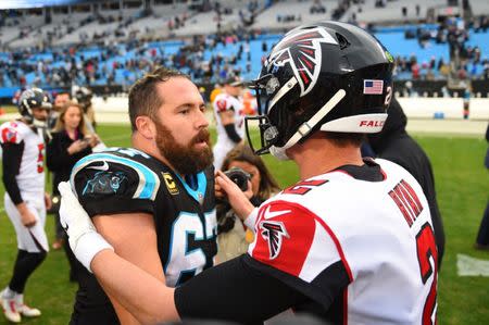 FILE PHOTO: Dec 23, 2018; Charlotte, NC, USA; Carolina Panthers center Ryan Kalil (67) with Atlanta Falcons quarterback Matt Ryan (2) after the game at Bank of America Stadium. Mandatory Credit: Bob Donnan-USA TODAY Sports - 11893141