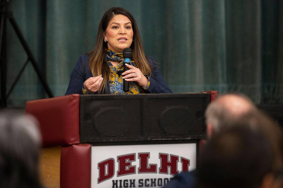 California State Assemblymember Esmeralda Soria speaks during a groundbreaking ceremony for the Delhi Unified School District’s Career Technical Education building, on the campus of Delhi High School in Delhi, Calif., on Tuesday, Feb. 21, 2023.