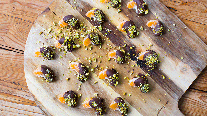 Pistachio and Dark Chocolate dipped mandarin recipe for Australia's Biggest Morning Tea. Photo: Supplied