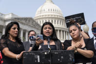 Guillén family attorney Natalie Khawam, left, Lupe Guillén, and Gloria Guillén, Vanessa Guillén's sister and mother, speak during a news conference about the "I Am Vanessa Guillén Act," in honor of the late U.S. Army Specialist Vanessa Guillén, and survivors of military sexual violence, during a news conference on Capitol Hill, Wednesday, Sept. 16, 2020, in Washington. (AP Photo/Alex Brandon)