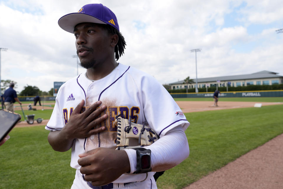 Prairie View A&M University infielder Lee Allen Jr. speaks during an interview after a college baseball game against North Carolina A&T State University at the Andre Dawson Classic tournament, Friday, Feb. 23, 2024, at the Jackie Robinson Training Complex, in Vero Beach, Fla. The percentage of Black major league players has been declining for decades and remains historically low, but there are signs of improvement in the league's player development pipeline. (AP Photo/Lynne Sladky)