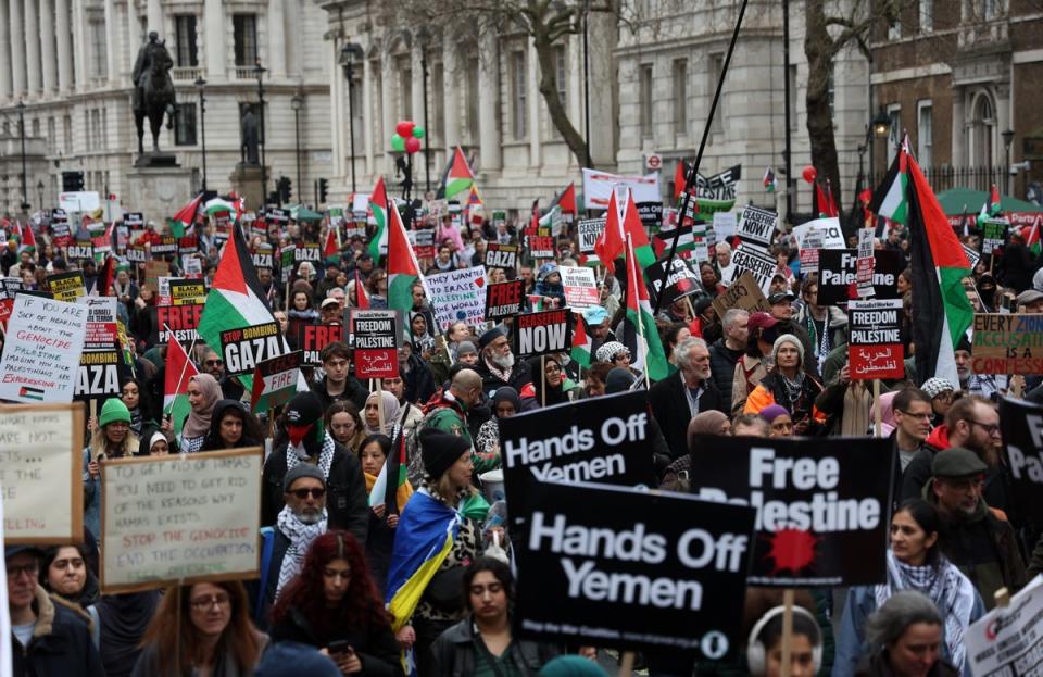 Pro-Palestinian protesters carry placards during a 'National March for Palestine' demonstration in central London (EPA/ANDY RAIN)