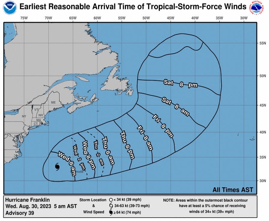 The forecast for tropical-storm-force winds from Hurricane Franklin as of 5 a.m. on Wednesday, Aug. 30, 2023.