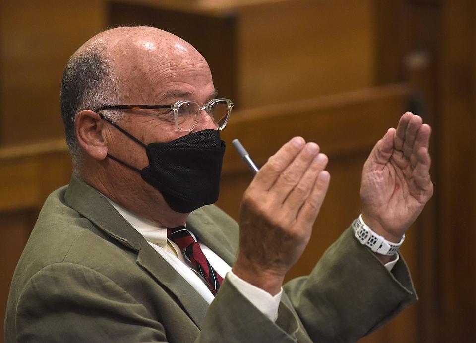 Former Gov. Eric Greitens’ attorney, Gary Stamper, talks to Boone County Associate Circuit Judge Leslie Schneider on Friday during Eric and Sheena Greitens’ child custody hearing. Sheena Greitens and Eric Greitens are disputing whether jurisdiction over child custody matters from their divorce should be moved to Texas, where Sheena Greitens lives, or remain in Boone County, where the case was originally filed.