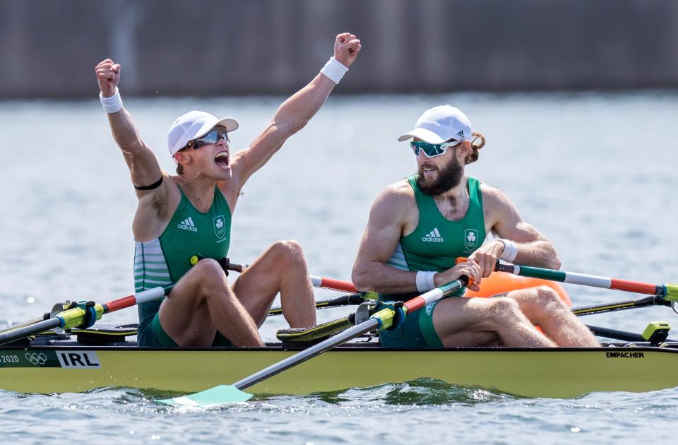 Fintan McCarthy and Paul O’Donovan celebrate victory in the lightweight men’s double sculls (Danny Lawson/PA) (PA Wire)