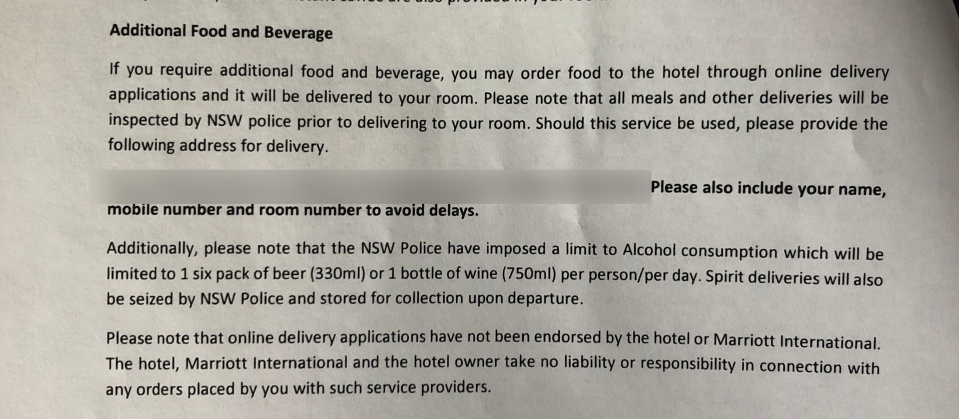 Welcome packs at hotel specify alcohol limits and prohibit any spirits being delivered. Photo: Supplied