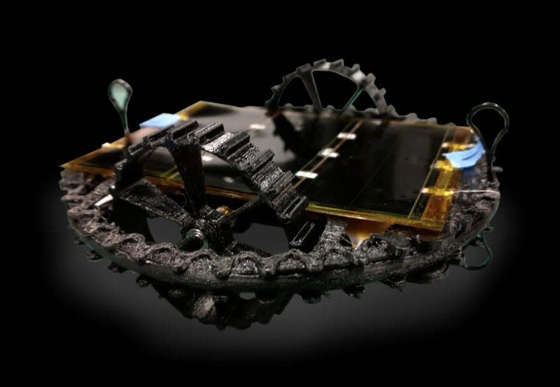 A detailed view of one of the five Mexican-built robots headed to the Moon.