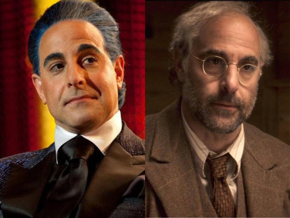 On the left: Stanley Tucci as Caesar Flickerman in "The Hunger Games." On the right: Tucci as Dr. Abraham Erskine in "Captain America: The First Avenger."
