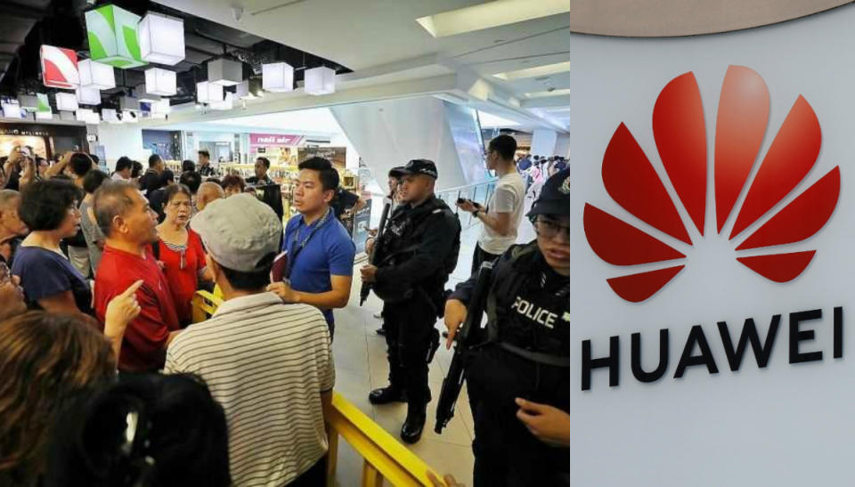 Elderly people in Singapore at VivoCity mall angry at being denied discounted Huawei Y6 Pro phones. (Photos: Andrew Loh/Facebook, Reuters)