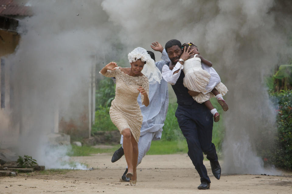 In this Thursday, May, 17. 2012 photo released by Yellow sun ltd, actress Thandie Newton, left, and actor Chiwetel Ejiofor, right, act in a film ''Half of a yellow sun'' an adaptation of novelist Chimamanda Ngozi Adichie's book, in Calabar, Nigeria. The film stars an Oscar nominee, is set in Nigeria during a civil war, is based on an award-winning novel and the head of Nigeria’s censorship board reportedly loved it. Yet a week after the scheduled premiere of “Half of a Yellow Sun,” it still has not been shown in any theater in Nigeria. Nigerian government censors are effectively banning the film but they will not say why, director Biyi Bandele told The Associated Press on Thursday. He spoke in a telephone interview from his home in London, where the movie placed among the 10 most popular at cinemas over the Easter weekend. It debuts in the U.S. on May 16. It hasn’t opened in Nigeria yet because the censors may fear it could stoke tribal rivalries. The board hasn’t issued an explanation. The movie stars Oscar nominee Chiwetel Ejiofor (“12 Years a Slave” - the 2014 best picture Oscar) and Thandie Newton and is an adaptation of the book by Chimamanda Ngozi Adichie. It is partly set during the 1967-1970 civil war when the southeast sought to break away from the federation, and it comes at a time when Nigeria is threatened by an Islamic uprising in the northeast, jeopardizing unity between the mainly Muslim north and predominantly Christian south. A ban on the movie would perpetuate the conspiracy of silence that has kept Nigerians from discussing the civil war, a subject that was pointedly excluded from history lessons in schools, Bandele said. (AP Photo/ Yellow Sun Ltd)