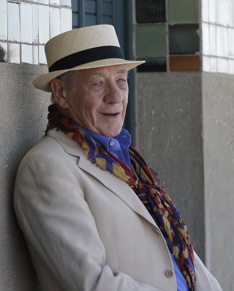 FILE - British actor Ian McKellen poses in front of beach huts, on the Deauville promenade during the 41st American Film Festival, Thursday, Sept. 10, 2015, in Deauville, western France. McKellen has been hospitalized Monday, June 17, 2024, after toppling off a London stage during a fight scene in a play. The 85-year-old actor known for playing Gandalf in the “Lord of the Rings” films and his many stage roles was playing John Falstaff in a production of Player Kings at the Noel Coward Theatre. (AP Photo/Lionel Cironneau, File)