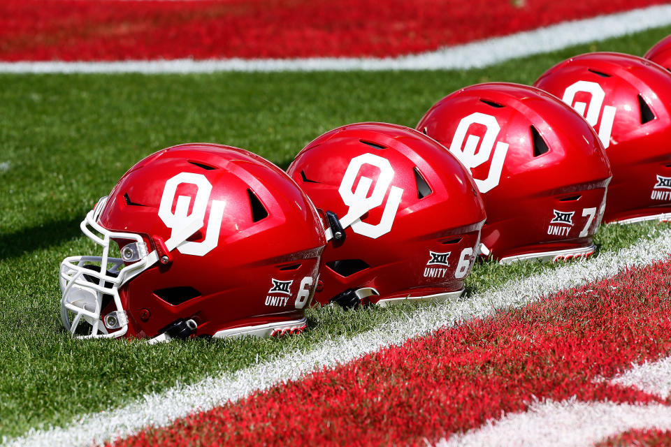 NORMAN, OK - APRIL 24:  Oklahoma Sooners helmets sit next to the end zone before their spring game at Gaylord Family Oklahoma Memorial Stadium on April 24, 2021 in Norman, Oklahoma.   (Photo by Brian Bahr/Getty Images)