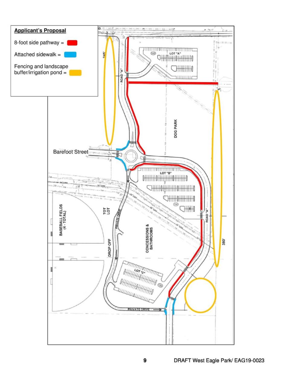 Eagle’s former mayor and city council proposed this park at the southwest corner of Meridian and Floating Feather roads. Floating Feather is the top edge of the park, and Meridian Road extends north from the top right corner. Now Eagle is auctioning the land for possible development.