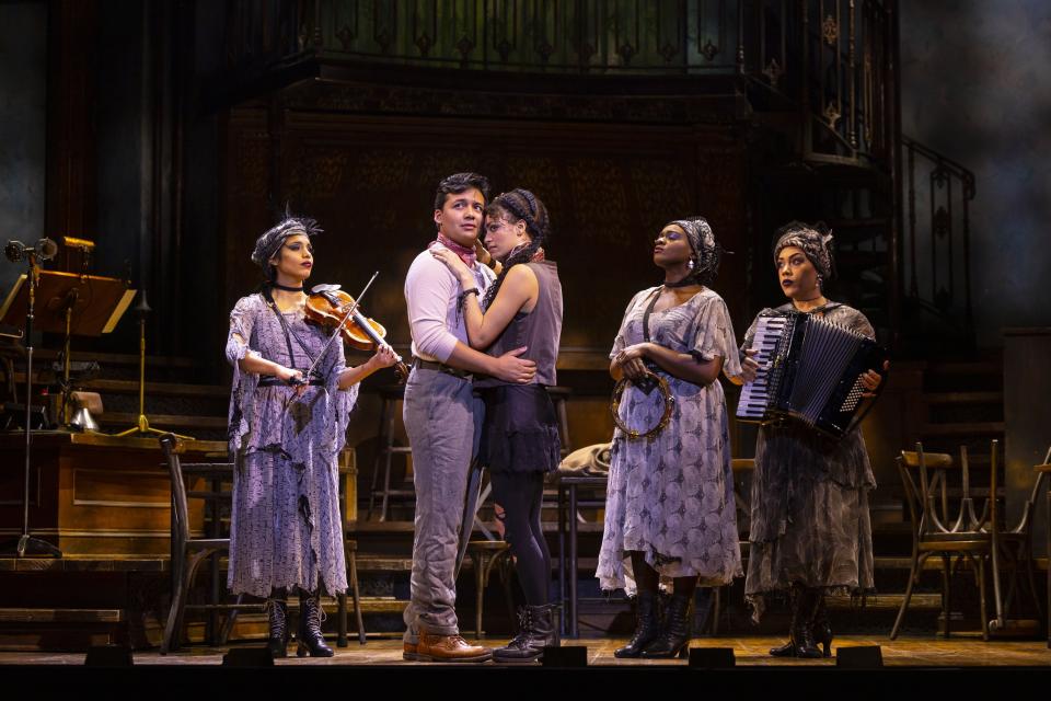 Belén Moyano, Hannah Whitley, J. Antonio Rodriguez,  Nyla Watson and Dominique Kempf perform in "Hadestown" at the Marcus Performing Arts Center.