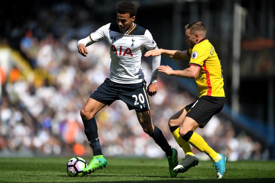 <p>Dele Alli taunts the Watford defence </p>