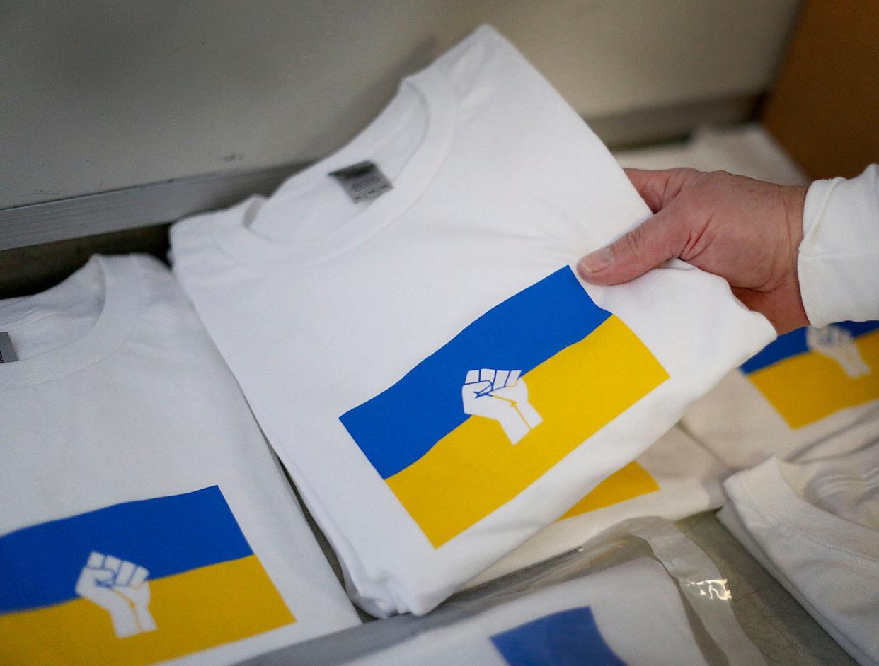 Shirts made by Goodwin Graphics in Cohasset in support of Ukraine on Thursday, March 3, 2022.