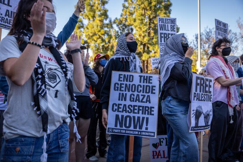 Los Angeles, CA - May 07: Supporters gather at a Pro-palestinan Rafah rally at USC on Tuesday, May 7, 2024 in Los Angeles, CA. (Jason Armond / Los Angeles Times)