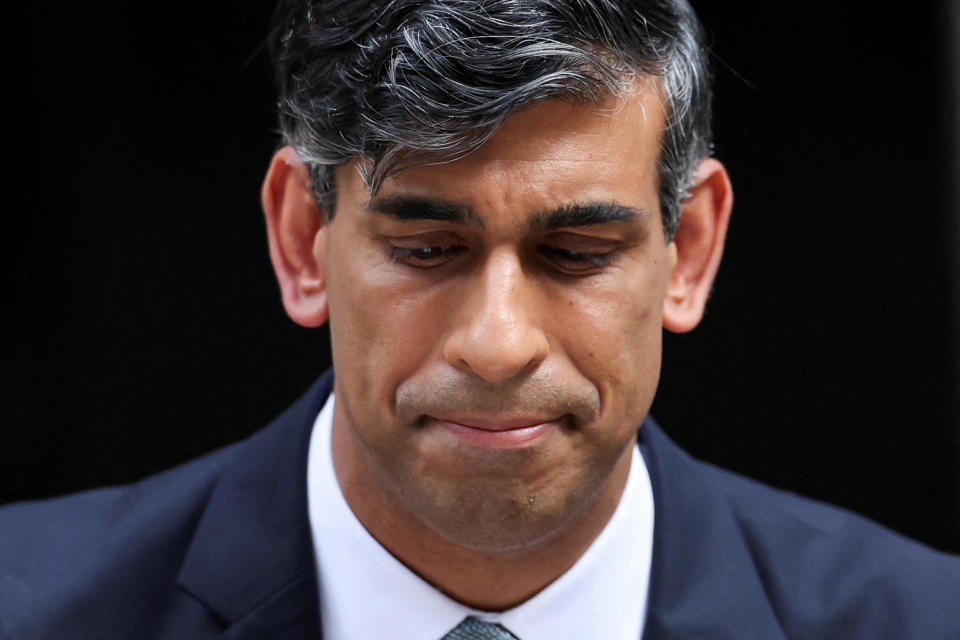 Outgoing British Prime Minister Rishi Sunak looks on as he speaks at Number 10 Downing Street, following the results of the elections, in London, Britain, July 5, 2024. REUTERS/Claudia Greco