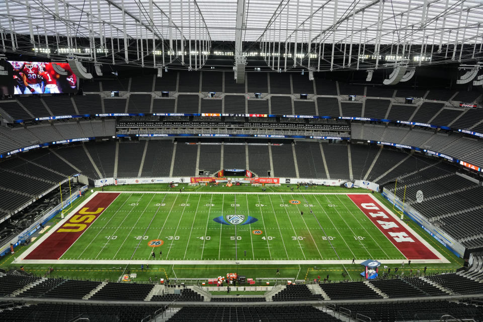 Dec 2, 2022; Las Vegas, NV, USA; A general overall view of the Pac-12 Conference logo at midield at Allegiant Stadium. Mandatory Credit: Kirby Lee-USA TODAY Sports