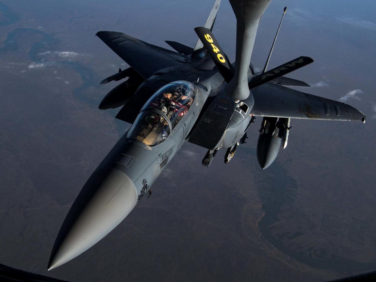 A US F-15E Strike Eagle, of the kind used to destroy the Lafarge Concrete Factory military base: REUTERS