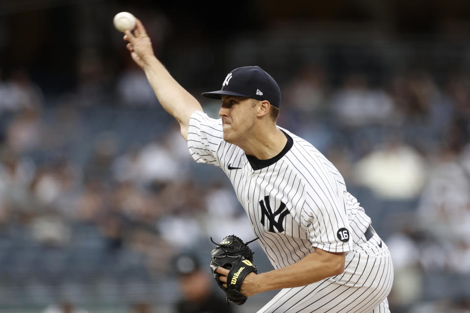 New York Yankees pitcher Jameson Taillon delivers during the first inning of a baseball game against the Boston Red Sox on Sunday, July 18, 2021, in New York. (AP Photo/Adam Hunger)