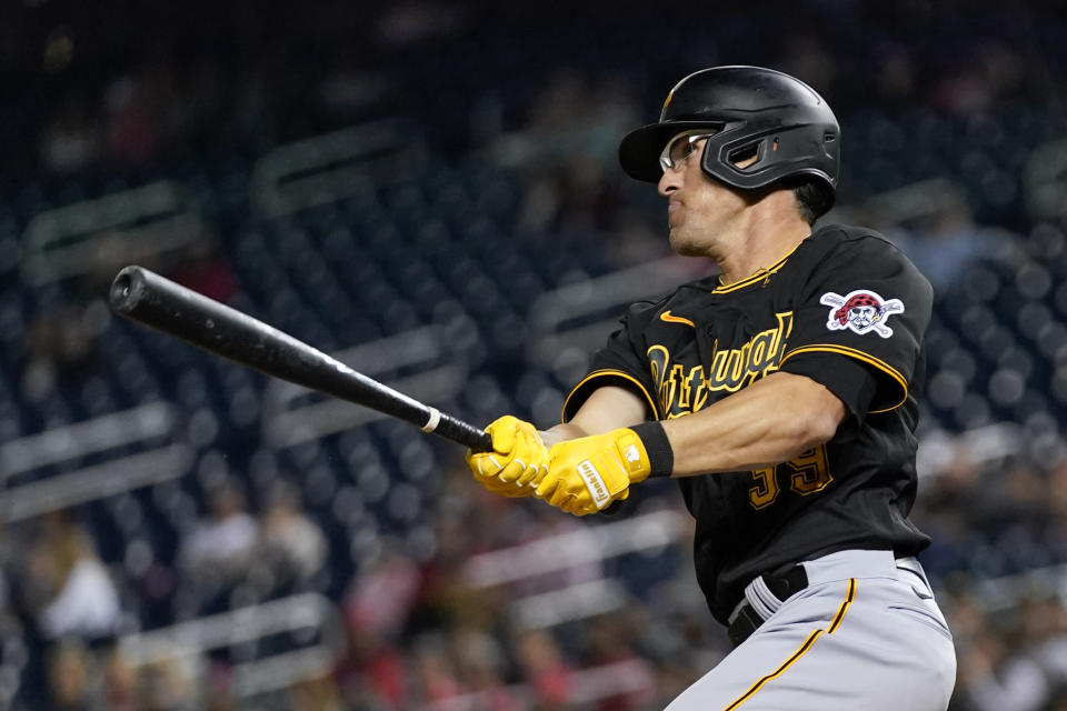 Pittsburgh Pirates' Drew Maggi doubles in the ninth inning of the second baseball game of a doubleheader against the Washington Nationals, Saturday, April 29, 2023, in Washington. (AP Photo/Patrick Semansky)